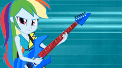 Size: 600x335 | Tagged: safe, derpibooru import, screencap, rainbow dash, equestria girls, rainbow rocks, animated, clothes, female, gif, guitar, musical instrument, sliding background, solo, speed lines