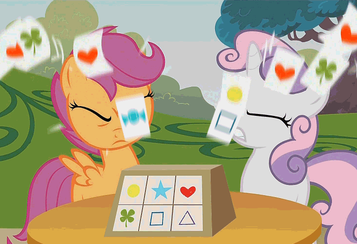 Size: 729x499 | Tagged: safe, derpibooru import, screencap, scootaloo, sweetie belle, pegasus, unicorn, the show stoppers, animated, card, circle, clover, duo, female, filly, gif, heart, image, square, stars, table, tree, triangle, zener cards