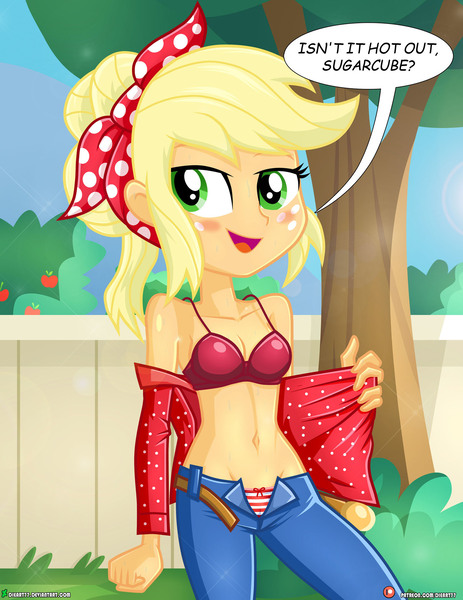 Size: 1500x1942 | Tagged: suggestive, artist:dieart77, derpibooru import, applejack, equestria girls, equestria girls series, five to nine, bedroom eyes, belly button, blushing, bra, breasts, cleavage, clothes, female, looking at you, open fly, panties, pants, ribbon, sexy, shirt, solo, solo female, speech bubble, striped underwear, stupid sexy applejack, sugarcube, talking to viewer, underwear, undressing