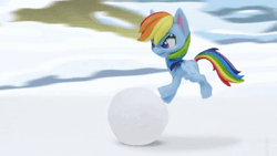 Size: 800x450 | Tagged: safe, derpibooru import, screencap, rainbow dash, pegasus, pony, my little pony: pony life, my little pony: stop motion short, snow pony contest (short), animated, dashing through the snow, female, flying, gif, outdoors, snow, solo, stop motion, wings