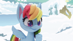 Size: 800x450 | Tagged: safe, derpibooru import, screencap, rainbow dash, rarity, pegasus, pony, unicorn, my little pony: pony life, my little pony: stop motion short, snow pony contest (short), animated, crate, eyes closed, female, gif, image, looking at something, mane flip, outdoors, smiling, snow, snow sculpture, snowpony, stop motion, surprised, trophy, wings
