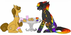 Size: 1280x640 | Tagged: safe, artist:royalheart, derpibooru import, oc, unofficial characters only, earth pony, pegasus, pony, choker, cookie, cup, duo, earth pony oc, female, food, grin, leg warmers, male, mare, multicolored hair, pegasus oc, rainbow hair, simple background, sitting, smiling, stallion, table, white background, wings