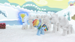 Size: 1920x1080 | Tagged: safe, derpibooru import, screencap, rainbow dash, rarity, pegasus, unicorn, my little pony: stop motion short, snow pony contest (short), animated, claymation, crate, female, image, outdoors, smiling, snow, snow sculpture, snowpony, sound, stop motion, surprised, tree, trophy, webm, wings