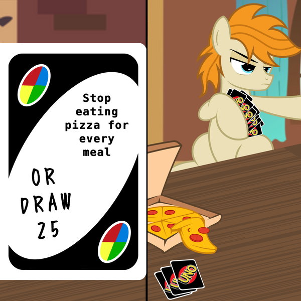 Size: 2500x2500 | Tagged: annoyed, artist:pizzamovies, derpibooru import, exploitable meme, food, meat, meme, oc, oc:pizzamovies, pepperoni, pepperoni pizza, pizza, pizza box, safe, show accurate, solo, uno