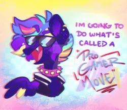 Size: 600x518 | Tagged: safe, artist:mcwolfity, deleted from derpibooru, derpibooru import, oc, oc:anarchy, unofficial characters only, pegasus, pony, abstract background, bust, choker, ear piercing, earring, jewelry, meme, multicolored hair, open mouth, pegasus oc, piercing, rainbow hair, solo, speech, spiked choker, sunglasses, talking, text, transgender, wings
