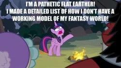 Size: 1280x720 | Tagged: safe, artist:jarrahwhite, derpibooru import, edit, edited screencap, screencap, cozy glow, lord tirek, queen chrysalis, twilight sparkle, twilight sparkle (alicorn), alicorn, pony, frenemies (episode), caption, disguise, disguised changeling, female, flat earth, image macro, mare, meme, text, the pathetic princess thing