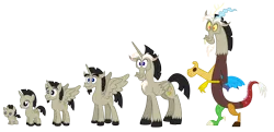 Size: 4000x1931 | Tagged: safe, artist:aleximusprime, derpibooru import, discord, alicorn, draconequus, pony, flurry heart's story, accord (alicorn), adolescence, adult, age of the alicorns, age progression, baby, baby pony, child, colt, evolution chart, foal, headcanon, kid, male, pokémon, pony discord, simple background, solo, teenager, transparent background, young discord, younger