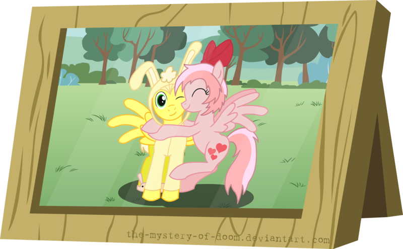Size: 5182x3207 | Tagged: safe, alternate version, artist:the-mystery-of-doom, derpibooru import, oc, ponified, pegasus, pony, background removed, crossover, cuddles (happy tree friends), cute, giggles (happy tree friends), happy tree friends, hnnng, hug, picture frame, simple background, transparent background