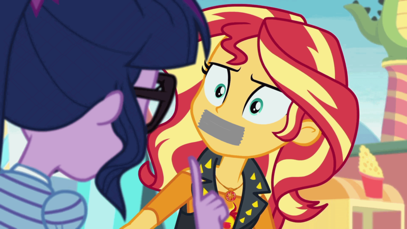 Size: 1920x1080 | Tagged: suggestive, derpibooru import, edit, edited screencap, screencap, sci-twi, sunset shimmer, twilight sparkle, equestria girls, equestria girls series, rollercoaster of friendship, dumbstruck, finger, gag, gagged edit, geode, geode of empathy, glasses, magical geodes, suggestive description, tape, tape gag