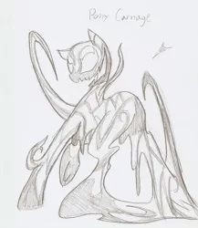 Size: 697x803 | Tagged: safe, artist:ravenpuff, deleted from derpibooru, derpibooru import, ponified, earth pony, pony, carnage, crossover, grayscale, marvel comics, monochrome, open mouth, raised hoof, symbiote, tentacles, text, traditional art, underhoof
