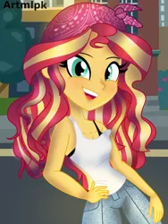 Size: 1536x2048 | Tagged: safe, artist:artmlpk, derpibooru import, sunset shimmer, equestria girls, bandana, blushing, bra, clothes, crop top bra, cute, denim, design, hand on hip, house, jeans, looking at you, open mouth, pants, shimmerbetes, shirt, smiling, smiling at you, solo, style, t-shirt, tanktop, underwear