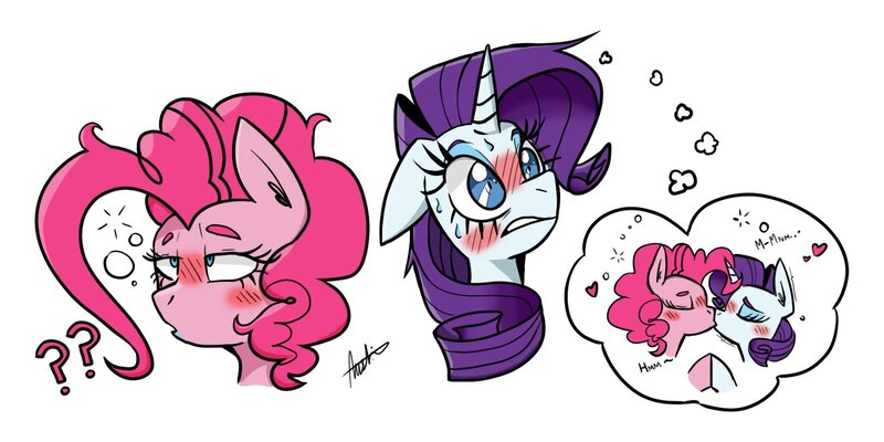 Size: 1754x877 | Tagged: safe, artist:shelbysmol, derpibooru import, pinkie pie, rarity, earth pony, pony, unicorn, blushing, bust, drunk, drunk bubbles, drunk lesbian, drunk rarity, drunkie pie, female, kissing, lesbian, mare, question mark, raripie, shipping, signature, simple background, sweat, thought bubble, white background