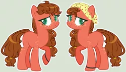 Size: 1024x584 | Tagged: safe, artist:dinkydoolove, derpibooru import, oc, unofficial characters only, earth pony, pony, base used, female, freckles, gray background, handkerchief, magical gay spawn, mare, offspring, parent:big macintosh, parent:cheese sandwich, parents:mac n cheese, simple background, solo