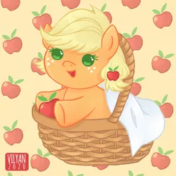 Size: 737x737 | Tagged: safe, artist:vilyann, artist:who-the-hell-is-vilyan, derpibooru import, part of a set, applejack, earth pony, pony, apple, baby, baby pony, babyjack, basket, cute, foal, food, jackabetes, open mouth, solo, weapons-grade cute, younger