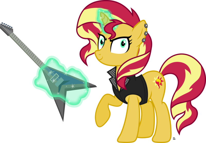 Size: 3021x2094 | Tagged: safe, artist:anime-equestria, derpibooru import, sunset shimmer, ponified, pony, unicorn, clothes, ear piercing, female, flying v, guitar, jacket, levitation, looking at you, magic, mare, musical instrument, piercing, rocker, simple background, smiling, solo, telekinesis, transparent background, vector