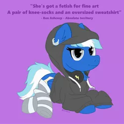 Size: 2000x2000 | Tagged: artist:exobass, blue, clothes, derpibooru import, ear piercing, female, females only, gray eyes, headphones, hoodie, looking at you, mare, oc, oc:exobass, oversized clothes, pegasus, pegasus oc, piercing, socks, striped socks, suggestive, sweatshirt, unofficial characters only, wings