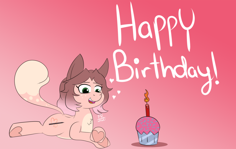 Size: 1896x1195 | Tagged: artist:feralroku, cupcake, derpibooru import, food, gradient background, happy birthday, oc, oc:cinnamon fawn, prone, safe, solo, unofficial characters only