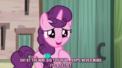 Size: 1280x720 | Tagged: safe, derpibooru import, edit, edited screencap, editor:jaredking203, screencap, sugar belle, unicorn, hard to say anything, caption, door, female, hoof on chest, image macro, mare, meme, open mouth, pink text, raised hoof, solo, text, tomodachi life