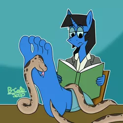 Size: 2500x2500 | Tagged: anthro, artist:b-cacto, book, chair, derpibooru import, feet, feet on table, fetish, foot fetish, glasses, oc, oc:mint petal, plantigrade anthro, reading, safe, snake, table, unofficial characters only