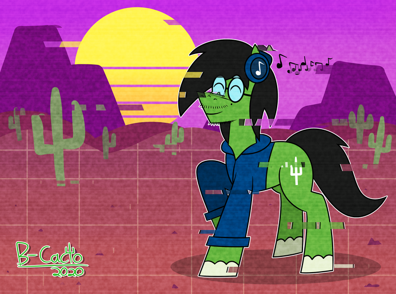 Size: 3100x2300 | Tagged: artist:b-cacto, cactus, derpibooru import, desert, headphones, oc, oc:cactus needles, safe, sun, sunset, vaporwave, wireframe