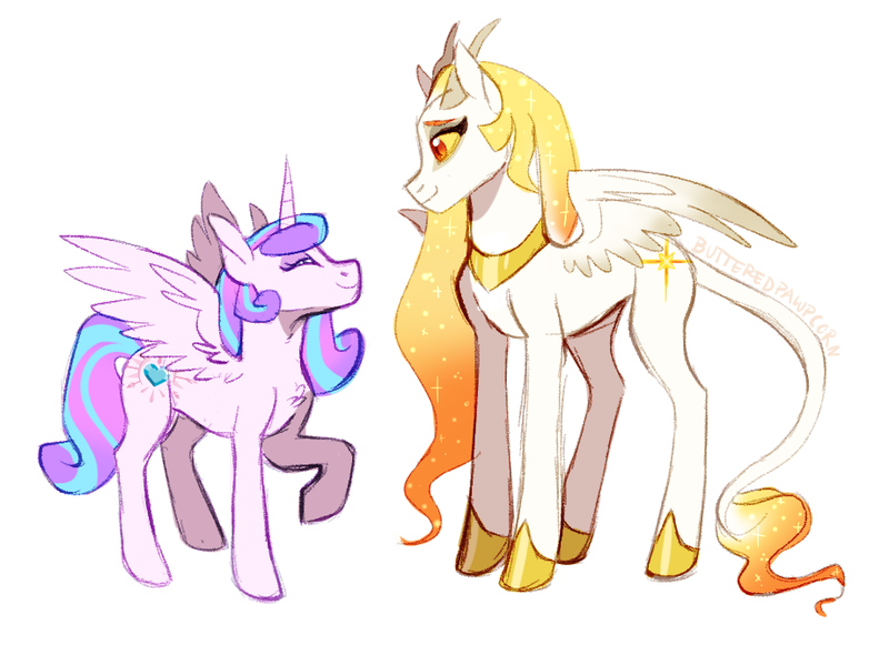 Size: 921x669 | Tagged: safe, artist:butteredpawpcorn, derpibooru import, princess flurry heart, oc, oc:princess dissonance, alicorn, hybrid, pony, duo, ethereal mane, eyes closed, horns, interspecies offspring, leonine tail, offspring, older, older flurry heart, parent:discord, parent:princess celestia, parents:dislestia, simple background, white background