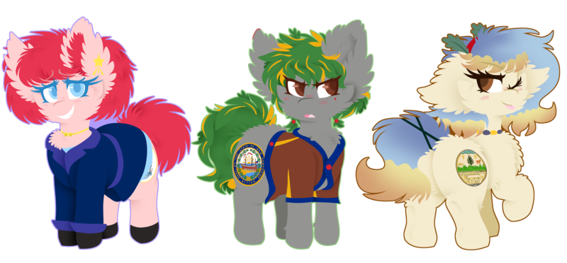 Size: 2516x1170 | Tagged: safe, artist:vanillaswirl6, derpibooru import, oc, oc:maine, oc:new hampshire, oc:vermont, ponified, unofficial characters only, pony, new england, simple background, transparent background, united states, vanillaswirl6's state ponies