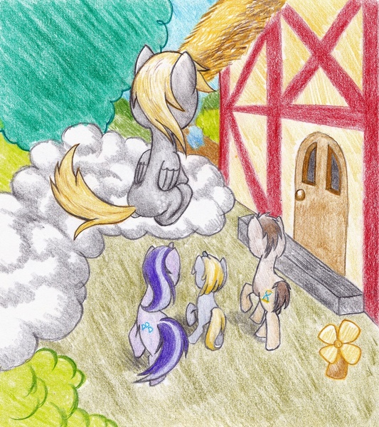 Size: 1200x1350 | Tagged: safe, artist:michiito, derpibooru import, part of a set, amethyst star, derpy hooves, dinky hooves, doctor whooves, time turner, earth pony, pegasus, pony, unicorn, cloud, colored pencil drawing, female, filly, male, mare, on a cloud, ponyville, rear view, sitting, sitting on cloud, stallion, traditional art, walking