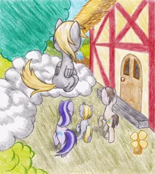 Size: 1200x1350 | Tagged: safe, artist:michiito, derpibooru import, part of a set, amethyst star, derpy hooves, dinky hooves, doctor whooves, time turner, earth pony, pegasus, pony, unicorn, cloud, colored pencil drawing, female, filly, male, mare, on a cloud, ponyville, rear view, sitting, sitting on cloud, stallion, traditional art, walking