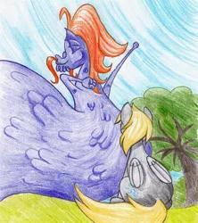 Size: 2552x2871 | Tagged: safe, artist:michiito, derpibooru import, part of a set, derpy hooves, steven magnet, pegasus, pony, sea serpent, colored pencil drawing, duo, female, male, mare, rear view, sitting, stretching, traditional art, tree