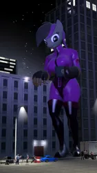 Size: 720x1280 | Tagged: safe, artist:magnetvox, derpibooru import, oc, unofficial characters only, anthro, earth pony, pony, 3d, barrel, bodysuit, boots, building, camera, car, clothes, demoman, engineer, female, film set, filming, giant anthro, giant pony, giant/macro earth pony, giantess, gloves, grand theft auto, heavy, lamppost, light, looking down, macro, micro, mug, night, pfister comet, pyro, scout, shoes, skinsuit, skintight clothes, source filmmaker, team fortress 2, truck