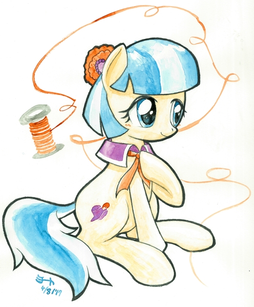 Size: 3306x4000 | Tagged: safe, artist:michiito, derpibooru import, coco pommel, earth pony, pony, female, hoof on chest, mare, smiling, solo, spool, thread, traditional art, watercolor painting