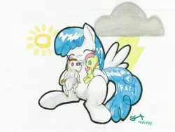 Size: 4000x3000 | Tagged: safe, artist:michiito, derpibooru import, bulk biceps, fluttershy, lightning bolt, white lightning, pegasus, pony, eyes closed, implied flutterbulk, shipper on deck, smiling, solo, toy, traditional art, watercolor painting