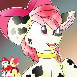 Size: 1250x1250 | Tagged: safe, artist:rainbow eevee, derpibooru import, apple bloom, dog, earth pony, pony, bow, character to character, collar, cute, gradient background, male to female, marshall, marshall (paw patrol), open mouth, paw patrol, rule 63, rule63betes, simple background, smiling, solo, transformation, transgender transformation