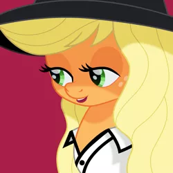 Size: 1500x1500 | Tagged: safe, artist:cloudyglow, derpibooru import, applejack, earth pony, pony, bust, female, freckles, hat, lidded eyes, mare, movie accurate, red (song), red background, simple background, taylor swift