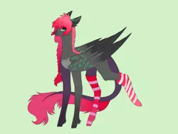 Size: 2528x1896 | Tagged: safe, artist:hyshyy, derpibooru import, oc, pegasus, pony, braid, clothes, female, green background, mare, simple background, socks, solo, striped socks, two toned wings, wings