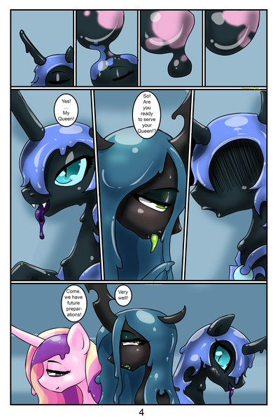 Size: 3456x5184 | Tagged: artist:nana-gel, comic, comic:pony goo, derpibooru import, goo, goo pony, grimdark, nightmare moon, original species, princess cadance, princess luna, queen chrysalis, suggestive, transformation