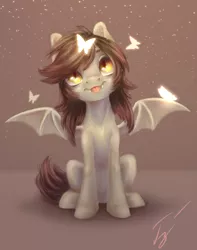 Size: 3000x3800 | Tagged: safe, artist:гусь, derpibooru import, oc, unofficial characters only, bat pony, butterfly, bat pony oc, bat wings, fangs, female, looking up, mare, simple background, sitting, slit eyes, slit pupils, smiling, snow, snowfall, solo, tongue out, wings