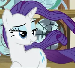 Size: 789x717 | Tagged: safe, derpibooru import, screencap, rarity, unicorn, it isn't the mane thing about you, cropped, lidded eyes, solo, windswept hair, windswept mane, windswept tail