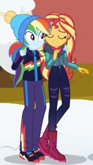 Size: 299x528 | Tagged: safe, derpibooru import, screencap, rainbow dash, sunset shimmer, equestria girls, equestria girls series, holidays unwrapped, spoiler:eqg series (season 2), beanie, boots, clothes, cropped, hat, shoes, sneakers, winter outfit