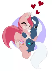 Size: 1080x1462 | Tagged: safe, derpibooru import, oc, oc:archimedes, oc:filly fête, bat pony, pegasus, pony, unicorn, bat pony oc, bat wings, cutie mark, female, heart, huggies, hugging a pony, lesbian, oc x oc, shipping, simple background, sister like bond, special somepony, wings