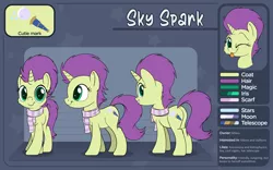 Size: 4000x2500 | Tagged: safe, artist:pirill, derpibooru import, oc, oc:sky spark, unofficial characters only, unicorn, clothes, color palette, commission, cutie mark, female, horn, looking at you, mare, reference sheet, scarf, simple background, unicorn oc