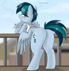 Size: 3120x3240 | Tagged: suggestive, artist:pencil bolt, derpibooru import, oc, oc:delta vee, pegasus, pony, butt, cigarette, clothes, eye clipping through hair, female, human shoulders, mare, plot, request, solo, solo female