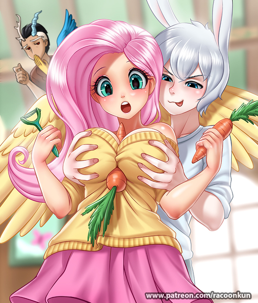 Size: 851x1000 | Tagged: suggestive, artist:racoonsan, derpibooru import, angel bunny, discord, fluttershy, bat pony, human, :p, angel is a bunny bastard, anime, bad touch, between breasts, big breasts, blushing, breast grab, breasts, bunny ears, busty fluttershy, carrot, carrot peeler, flutterbat, food, grope, horn, horned humanization, humanized, humanized pet, implied boobjob, personal space invasion, race swap, tongue out, winged humanization, wings