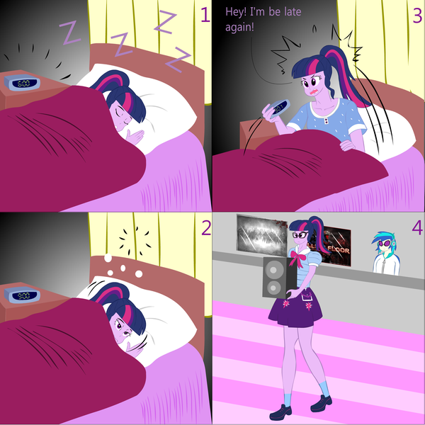 Size: 2000x2000 | Tagged: safe, artist:lzh, derpibooru import, sci-twi, twilight sparkle, vinyl scratch, equestria girls, bed, clock, comic, female, killing floor, old master q, pillow, quilt, sleeping, table, wake up