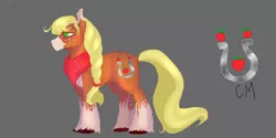 Size: 3464x1732 | Tagged: safe, artist:jo-pendal, derpibooru import, applejack, earth pony, pony, leak, spoiler:g5, applejack (g5), bandana, braid, clothes, coat markings, cutie mark, female, g5, hooves, mare, redesign, scarf, simple background, solo