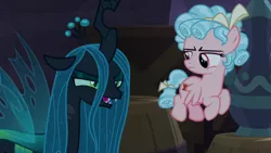 Size: 1920x1080 | Tagged: safe, derpibooru import, screencap, cozy glow, queen chrysalis, changeling, changeling queen, pegasus, pony, the summer sun setback, barrel, cozy glow is not amused, duo, female, filly, flying, foal, narrowed eyes