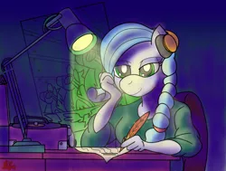 Size: 1648x1248 | Tagged: anthro, artist:missmagnificence, braid, colored, derpibooru import, female, lamp, oc, oc:sapphi, pegasus, quill, record player, safe, shading, sitting, smiling, solo, unofficial characters only, wonderbolts, writing
