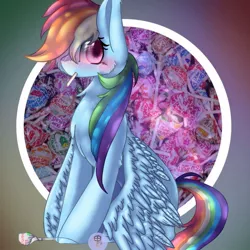 Size: 1080x1080 | Tagged: safe, artist:mapel_flake, derpibooru import, rainbow dash, pegasus, pony, blushing, candy, female, food, lollipop, looking at you, mare, simple background, solo