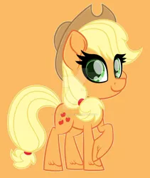 Size: 1600x1893 | Tagged: safe, artist:missmele-madness, derpibooru import, applejack, pony, chibi, deviantart watermark, obtrusive watermark, orange background, simple background, solo, watermark