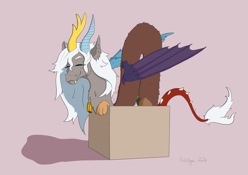 Size: 3508x2480 | Tagged: adoreris, artist:ardilya, behaving like a cat, box, cozy, cute, derpibooru import, discord, draconequus, eris, happy, if i fits i sits, in a box, noodle, pink background, rule 63, rule63betes, safe, simple background, white hair